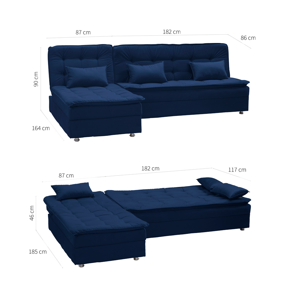 Sofá-Cama Casal 3 Lugares Reclinável Penélope com Chaise Esquerdo Veludo Azul