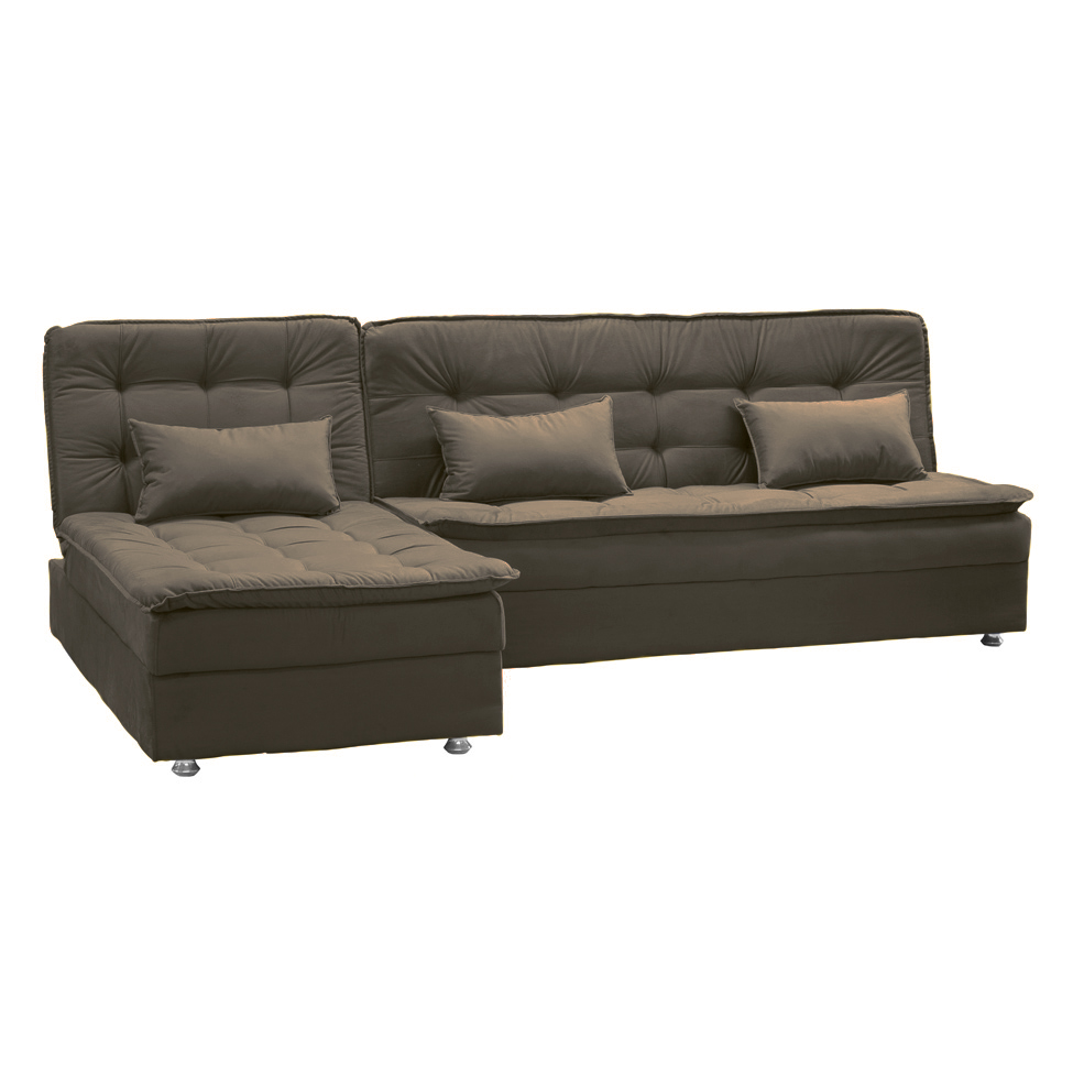 Sofá-Cama Casal 3 Lugares Reclinável Penélope com Chaise Esquerdo Veludo Marrom Claro