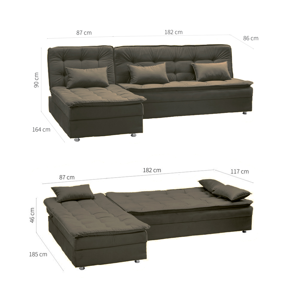 Sofá-Cama Casal 3 Lugares Reclinável Penélope com Chaise Esquerdo Veludo Marrom Claro