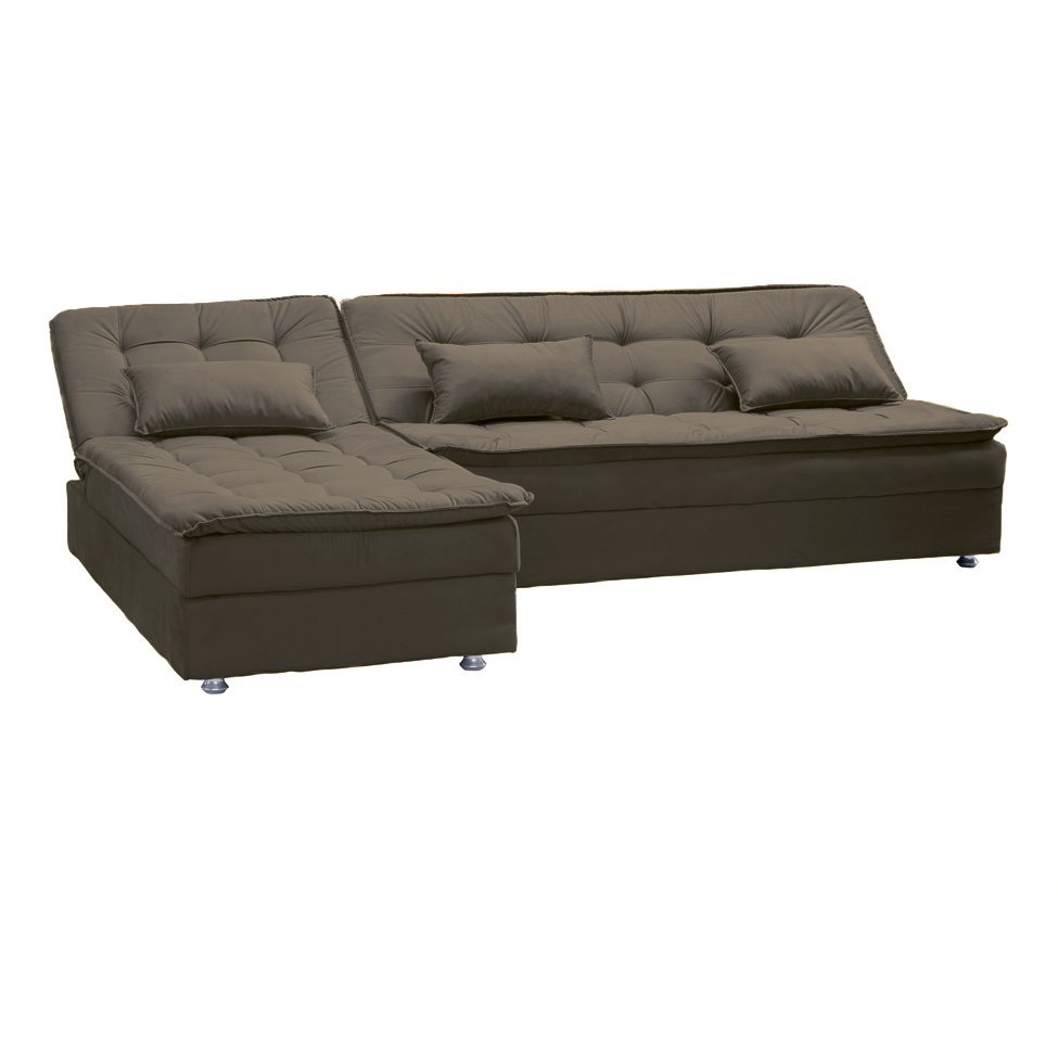 Sofá-Cama Casal 3 Lugares Reclinável Penélope com Chaise Esquerdo Veludo Marrom Claro