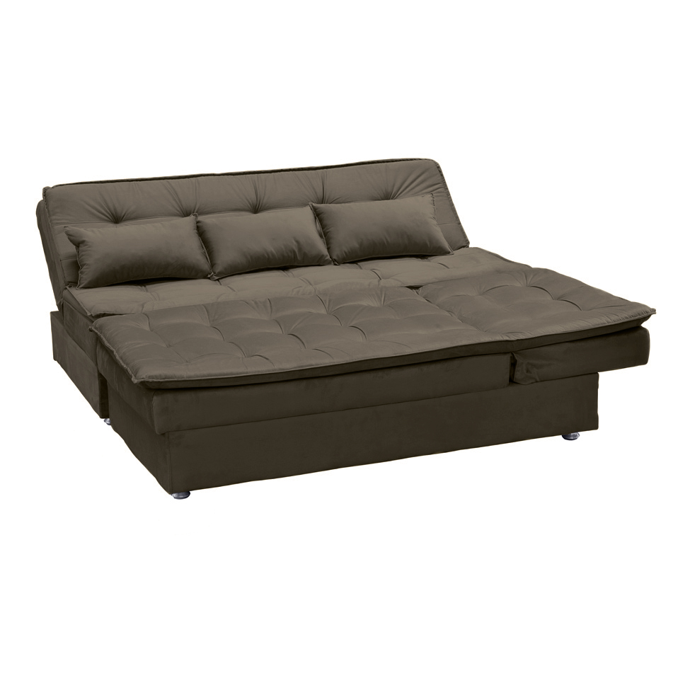 Sofá-Cama Casal 3 Lugares Reclinável Penélope com Chaise Esquerdo Veludo Marrom Claro