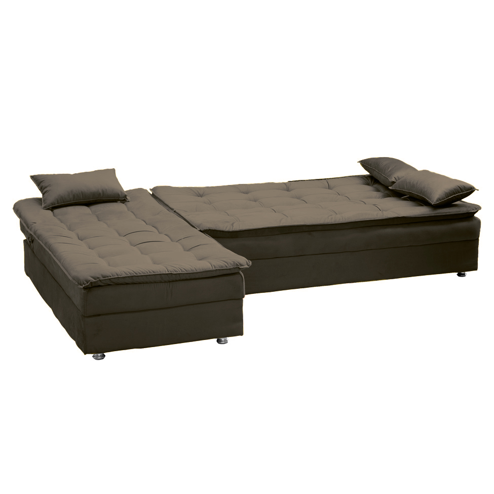 Sofá-Cama Casal 3 Lugares Reclinável Penélope com Chaise Esquerdo Veludo Marrom Claro
