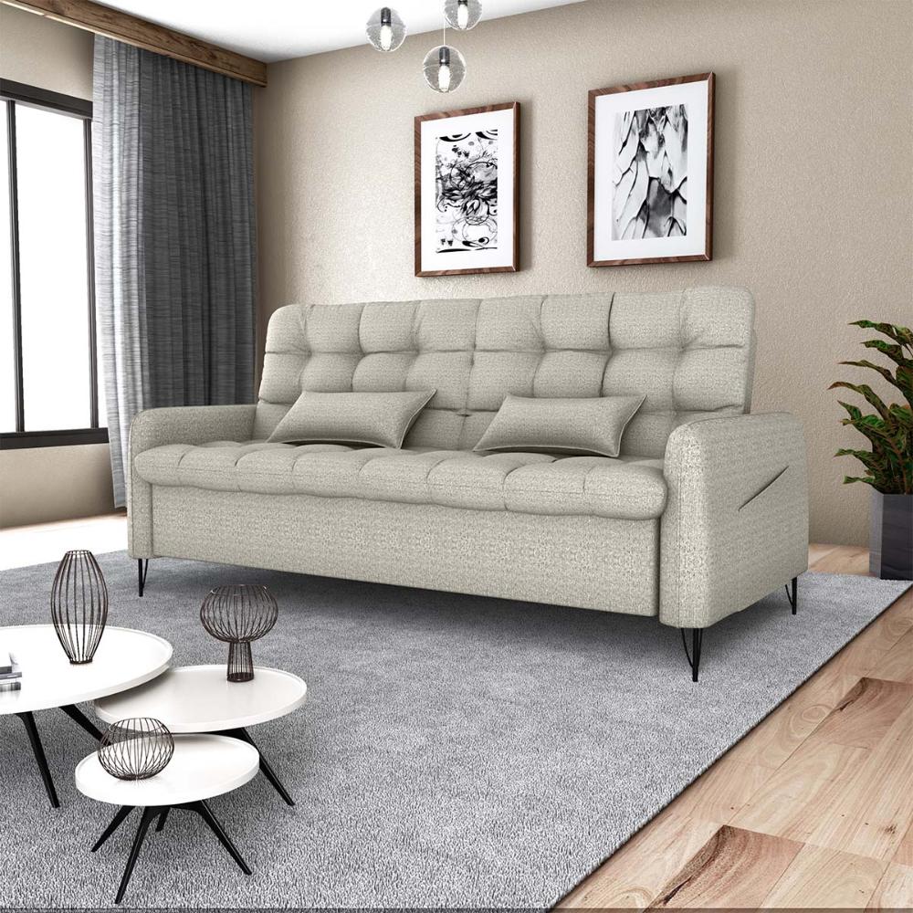 Sofá Cama Reclinável Com Almofadas 3 Lugares 200Cm Pillar Linho Cinza Matrix