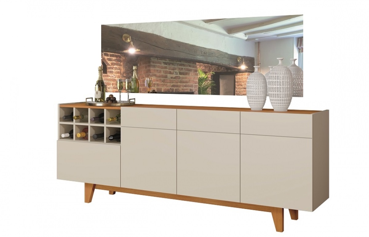 Buffet Duna Com Espelho Fenix 3 Portas 1 Gaveta e Adega Mavaular Off White/Naturale