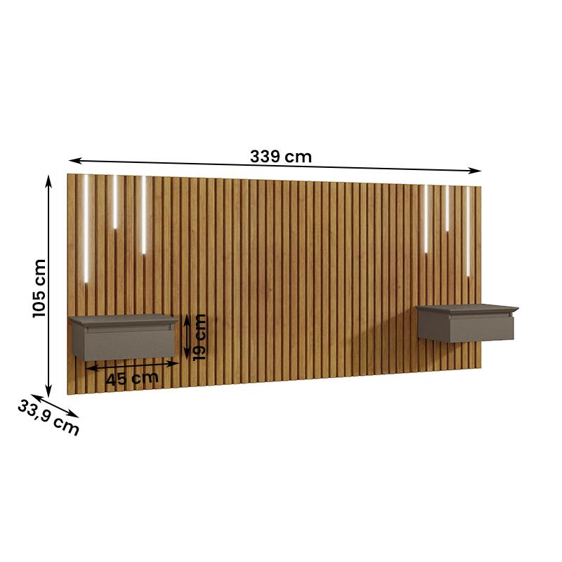 Cabeceira King Paris Ripado Quarto 2 Mesas com Gaveta e Led Naturale/Platinum