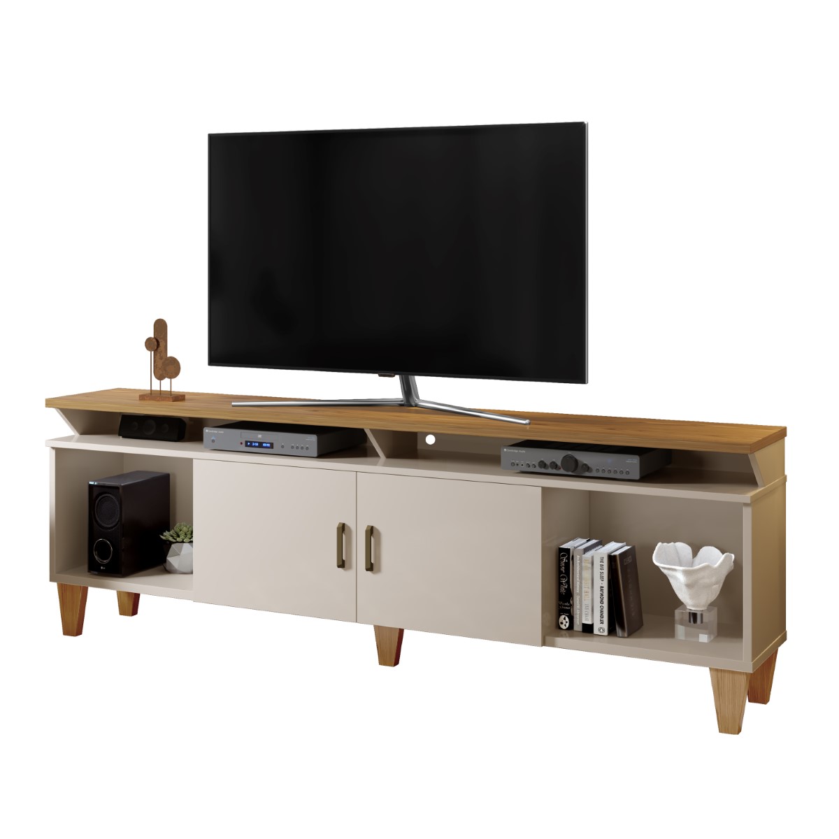 Rack Arizona 2 portas Tv até 65 polegadas pés Madeira Maciça Mavaular Off/Damasco