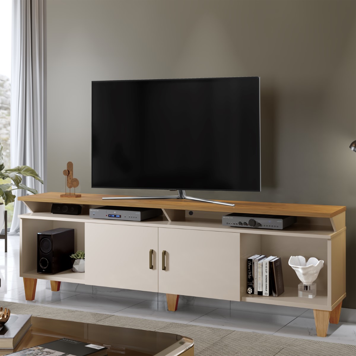 Rack Arizona 2 portas Tv até 65 polegadas pés Madeira Maciça Mavaular Off/Damasco