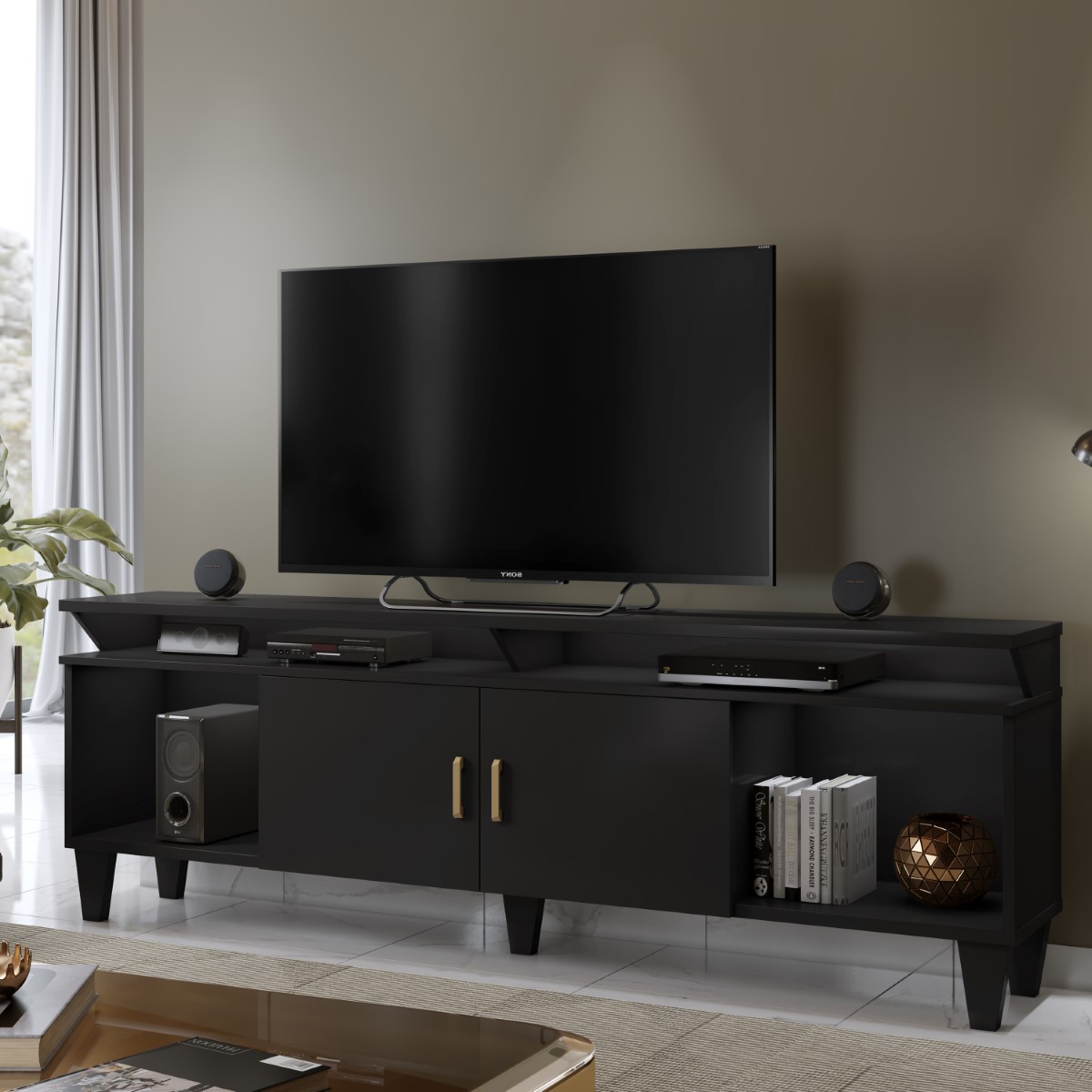 Rack Arizona 2 portas Tv até 65 polegadas pés Madeira Maciça Mavaular Preto