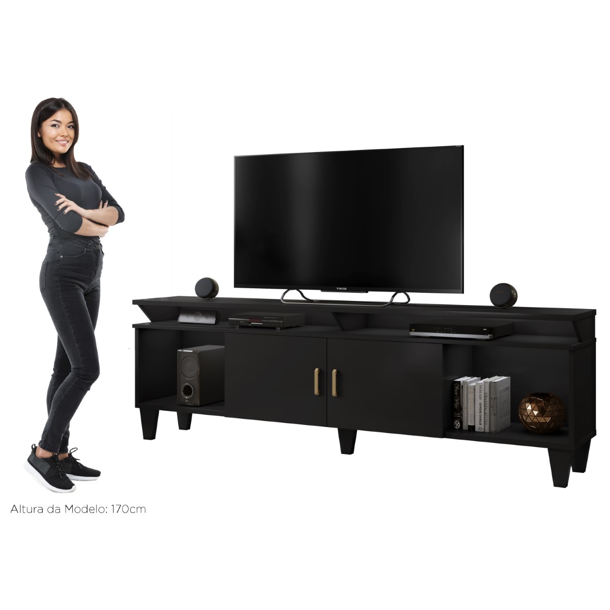 Rack Arizona 2 portas Tv até 65 polegadas pés Madeira Maciça Mavaular Preto