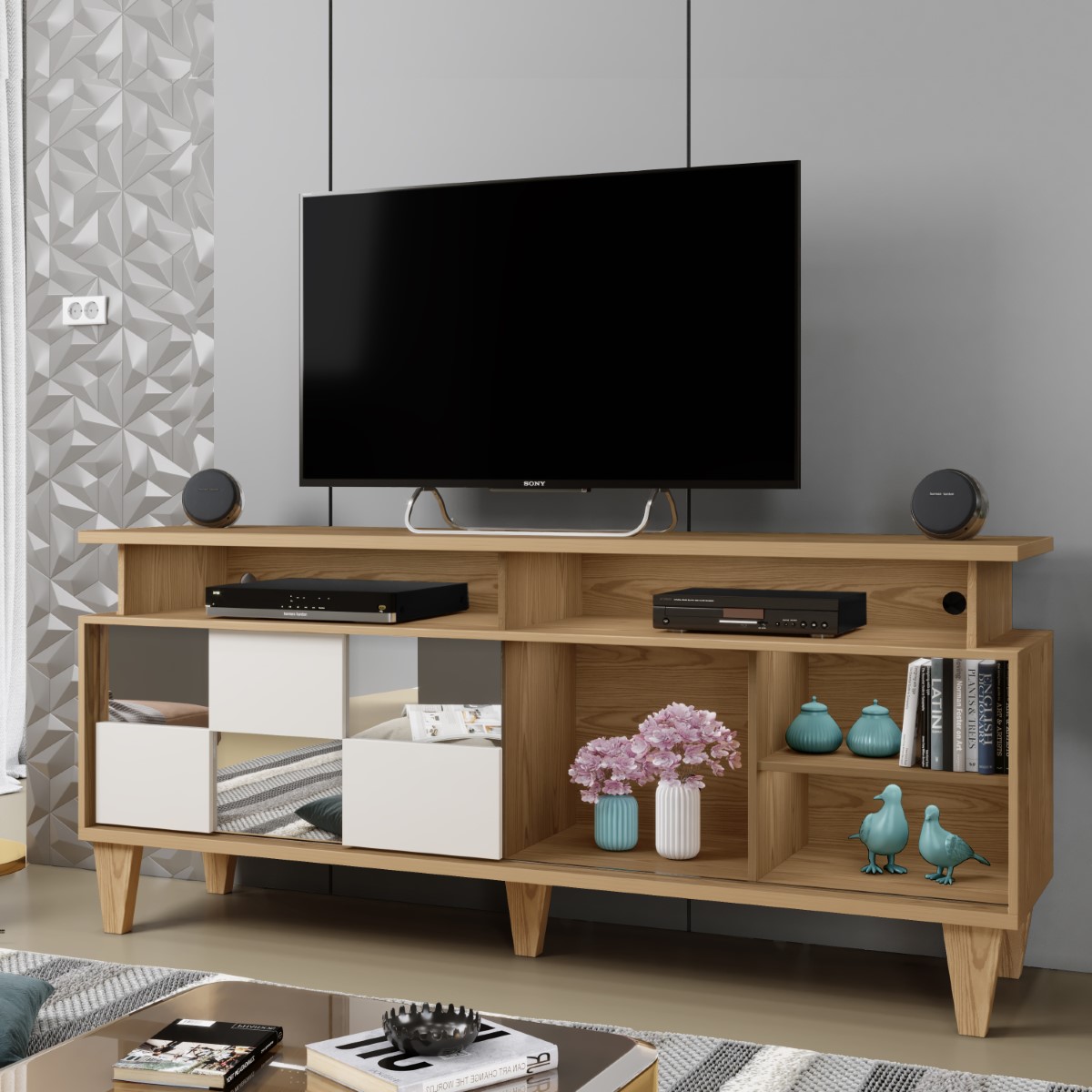 Rack para TV até 65 Polegadas 1 Porta Deslizante Eros Mavaular Damasco/Off
