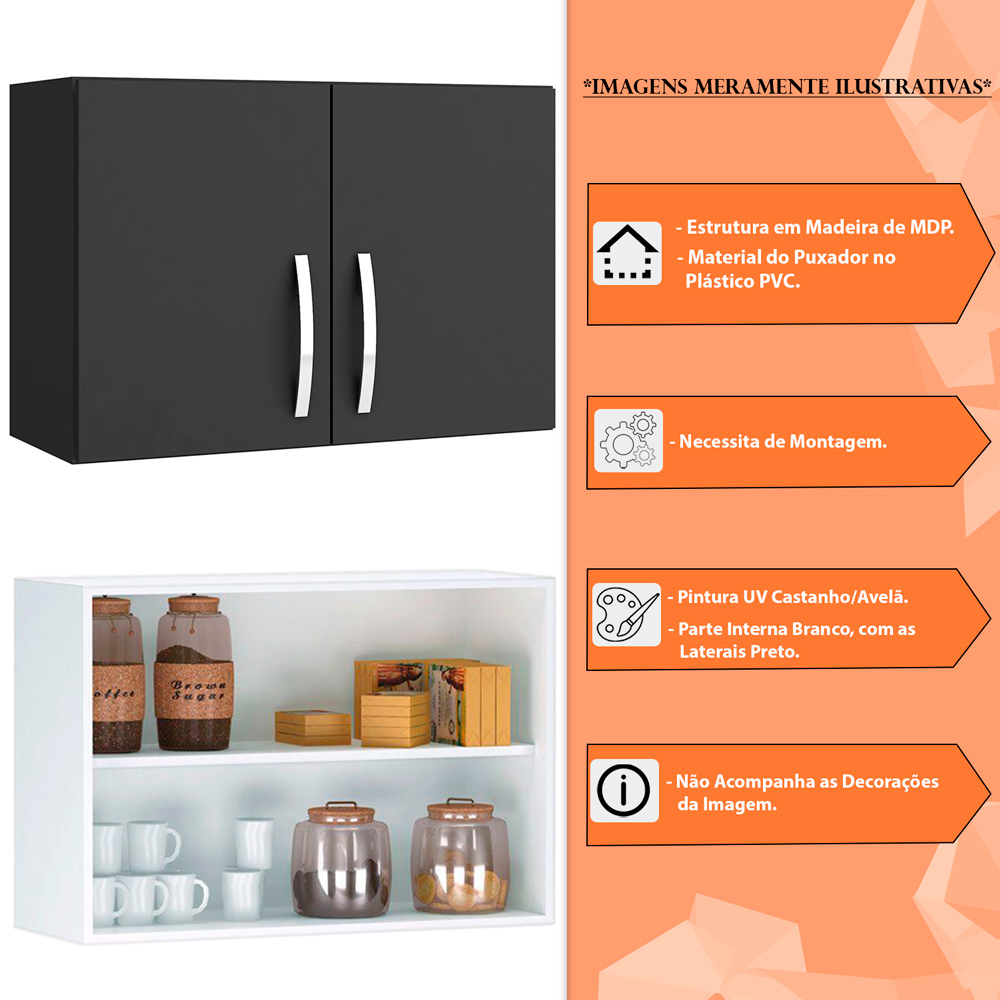 Armário Aéreo 2 Portas 80cm Vitória Preto - Montanaris Decor