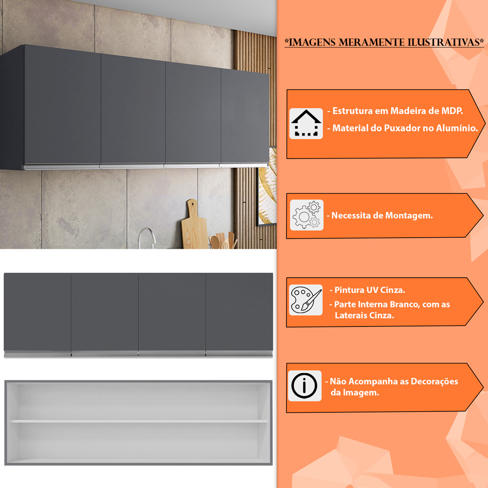 Armário Aéreo 4 Portas 160cm Madrid Cinza - Montanaris Decor