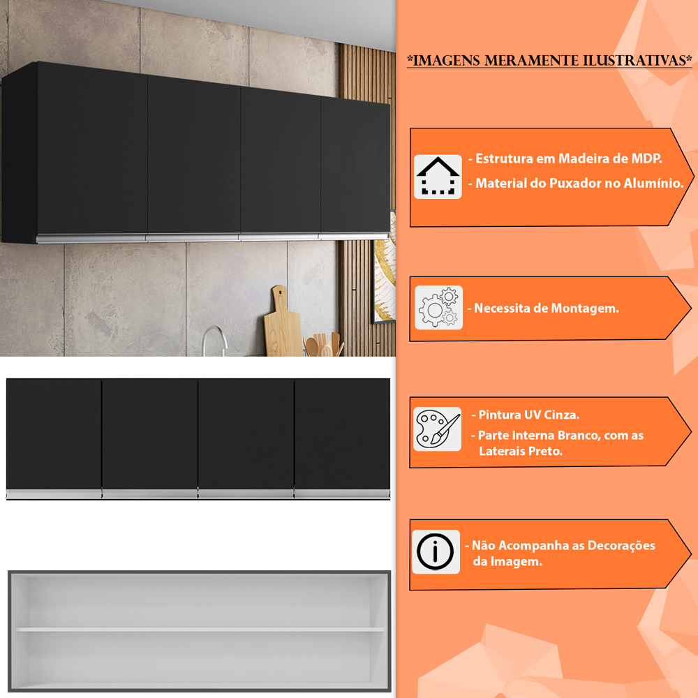 Armário Aéreo 4 Portas 160cm Madrid Preto - Montanaris Decor