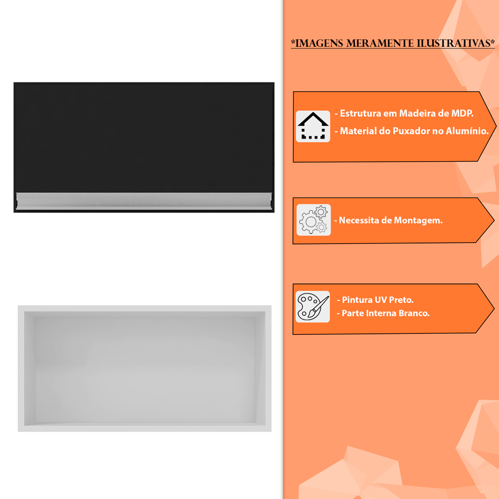 Armário Aéreo para Cozinha 60cm Porta Basculante Madrid Preto - Montanaris Decor