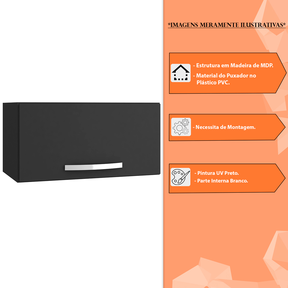 Armário Aéreo para Cozinha 60cm Porta Basculante Vitória Preto - Montanaris Decor