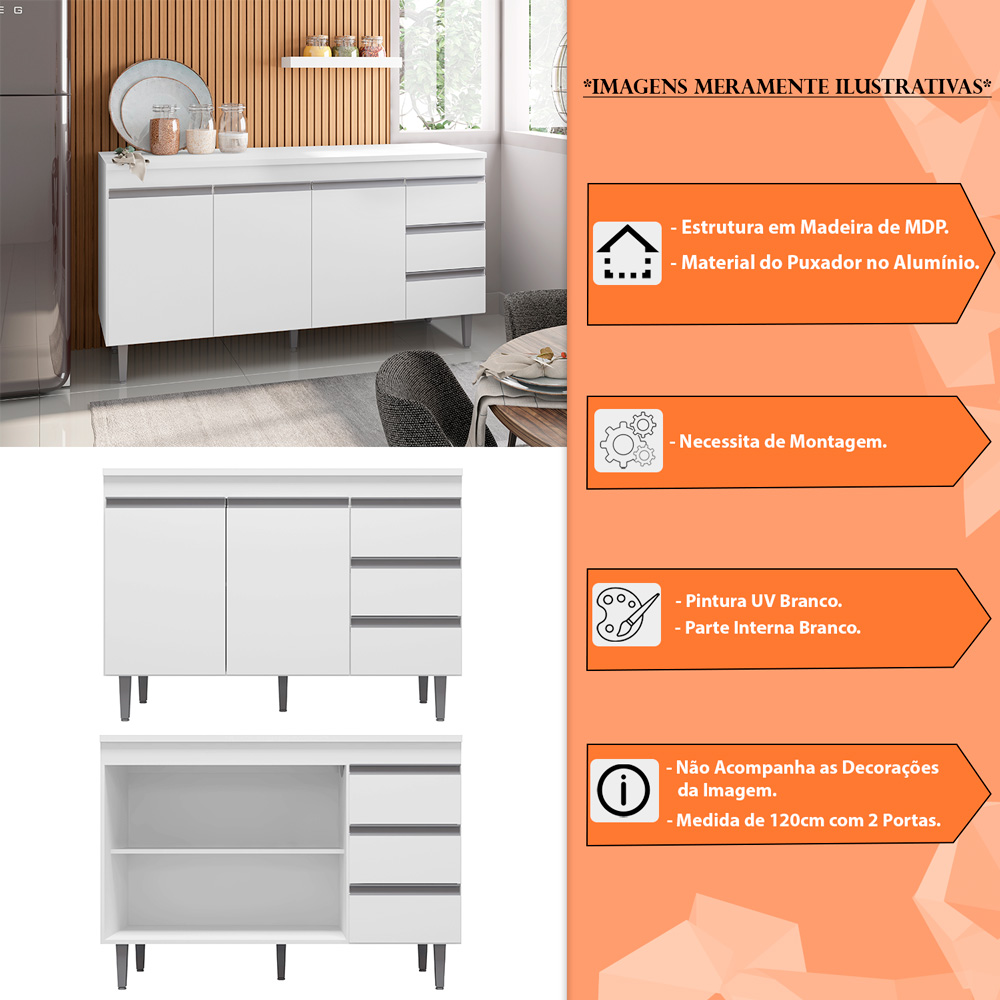 Balcão de Cozinha Madrid para Pia de 120cm Branco - Montanaris Decor