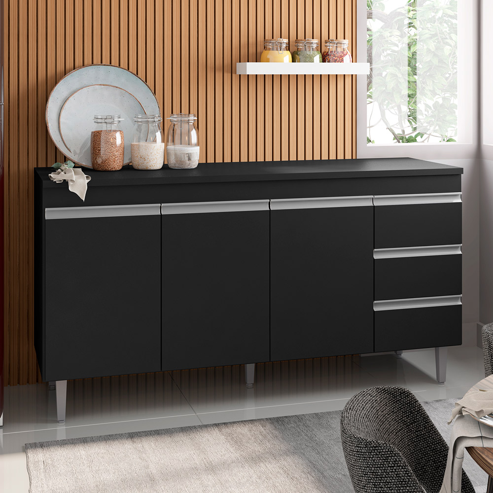 Balcão de Cozinha Madrid para Pia de 160cm Preto - Montanaris Decor