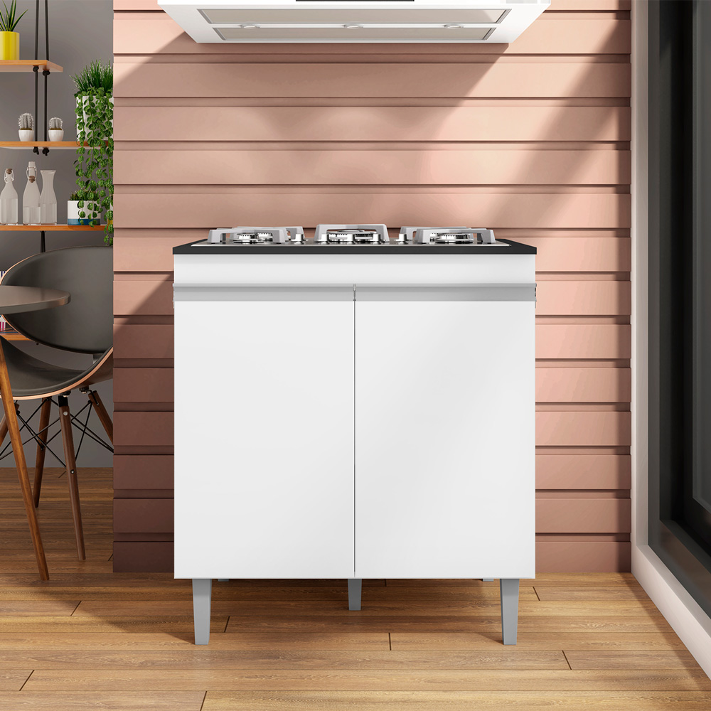 Balcão de Cozinha para Cooktop com Tampo Preto Madrid Branco - Montanaris Decor