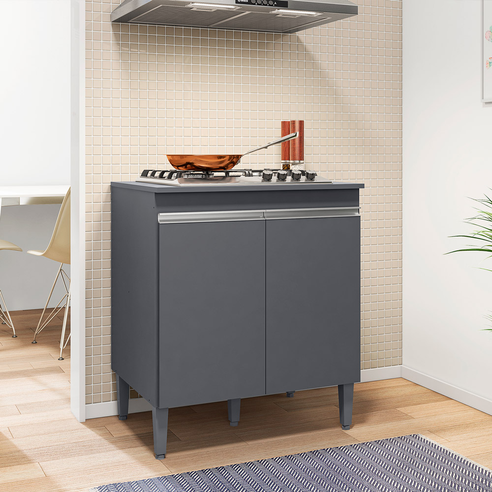 Balcão de Cozinha para Cooktop com Tampo Preto Madrid Cinza - Montanaris Decor