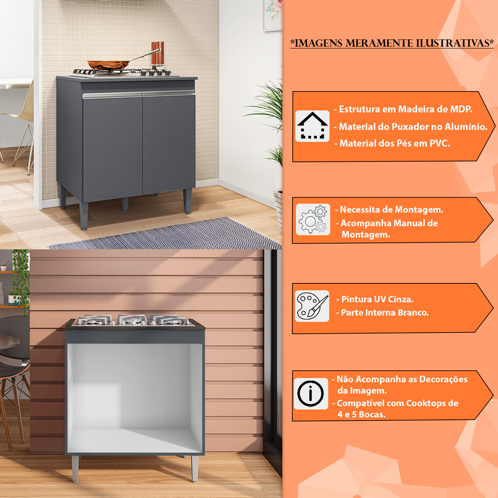 Balcão de Cozinha para Cooktop com Tampo Preto Madrid Cinza - Montanaris Decor