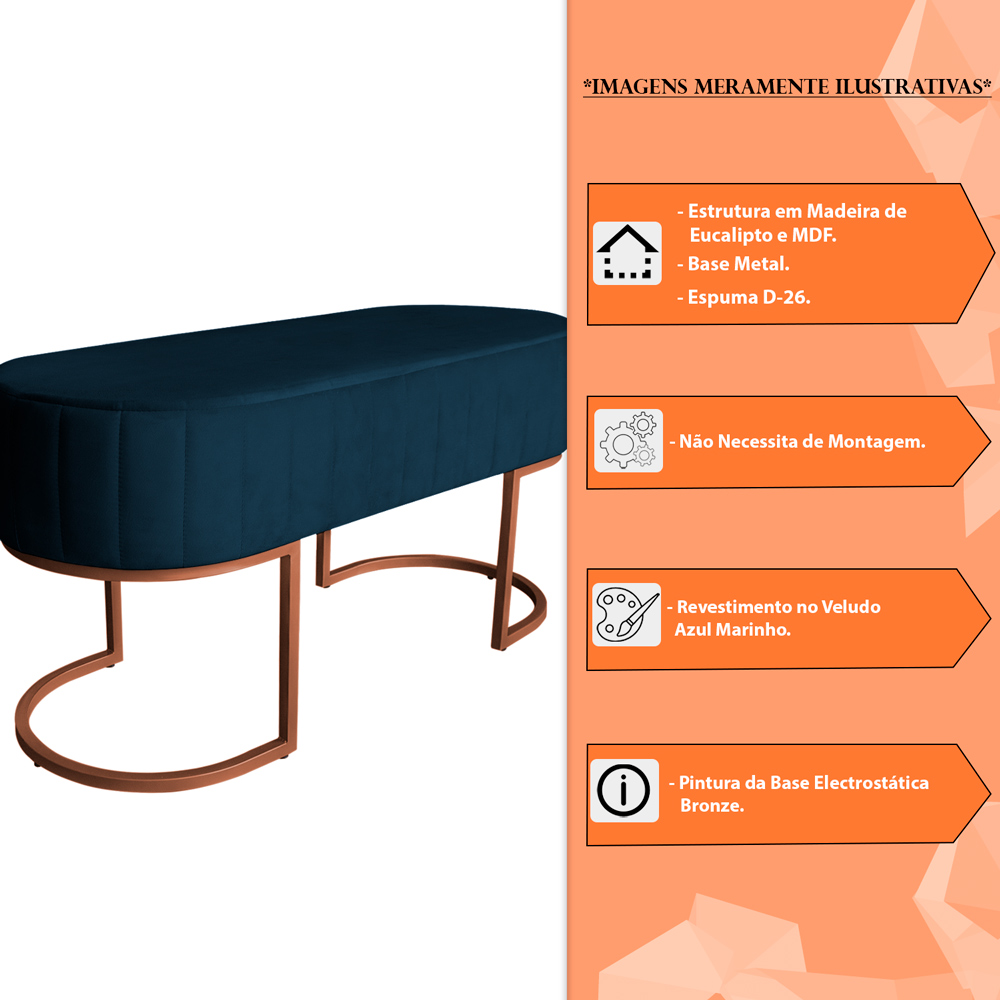 Banco Recamier Estofado Luana Base Bronze Veludo Azul Marinho - Montanaris Decor