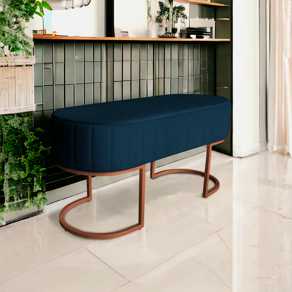 Banco Recamier Estofado Luana Base Bronze Veludo Azul Marinho - Montanaris Decor