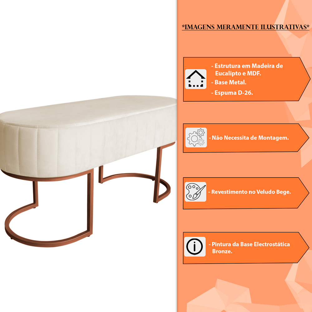 Banco Recamier Estofado Luana Base Bronze Veludo Bege - Montanaris Decor