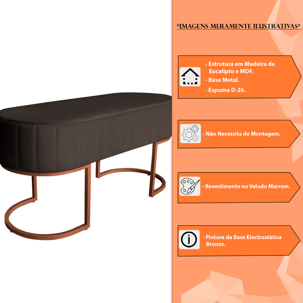 Banco Recamier Estofado Luana Base Bronze Veludo Marrom - Montanaris Decor