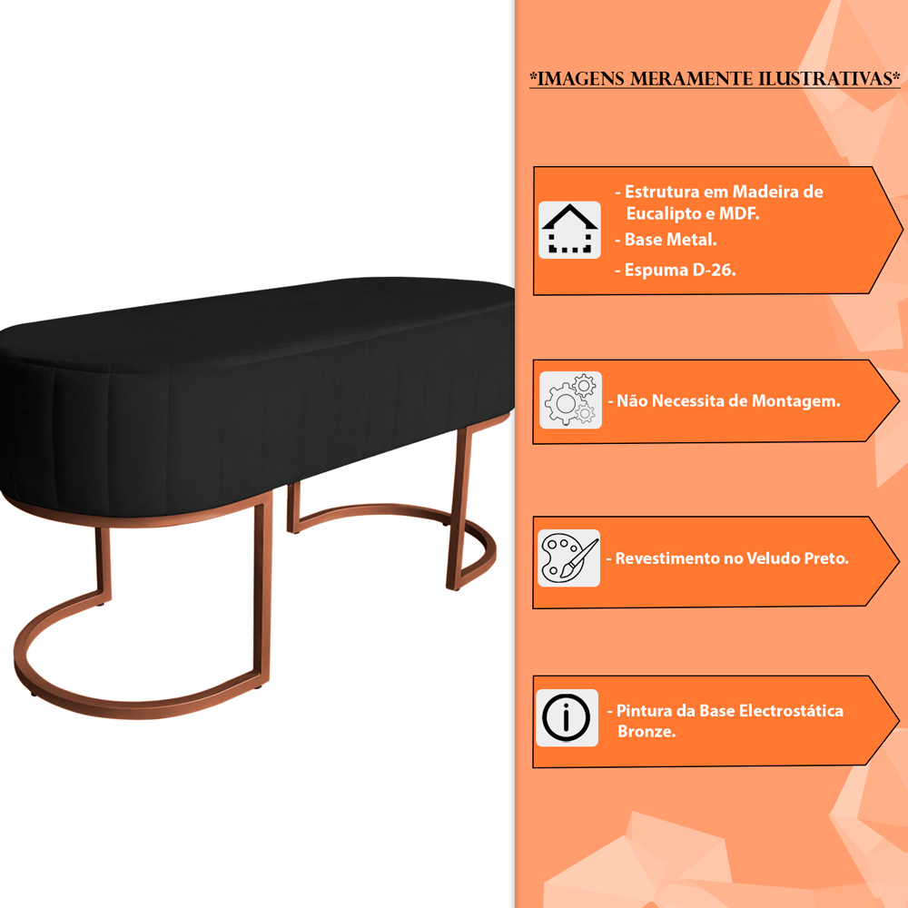 Banco Recamier Estofado Luana Base Bronze Veludo Preto - Montanaris Decor
