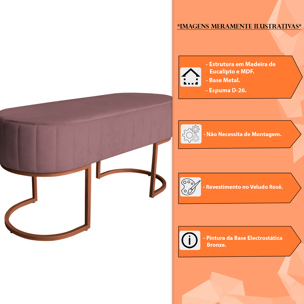 Banco Recamier Estofado Luana Base Bronze Veludo Rosê - Montanaris Decor