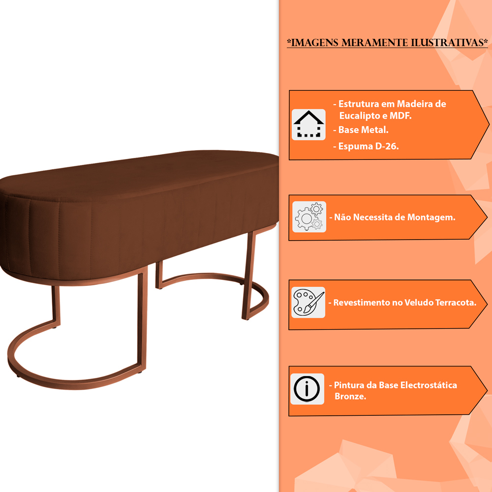 Banco Recamier Estofado Luana Base Bronze Veludo Terracota - Montanaris Decor