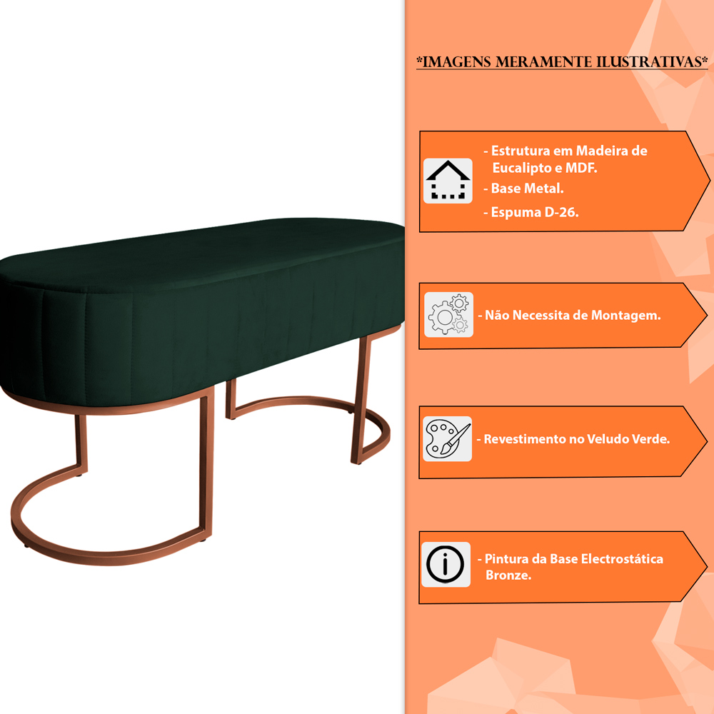 Banco Recamier Estofado Luana Base Bronze Veludo Verde - Montanaris Decor
