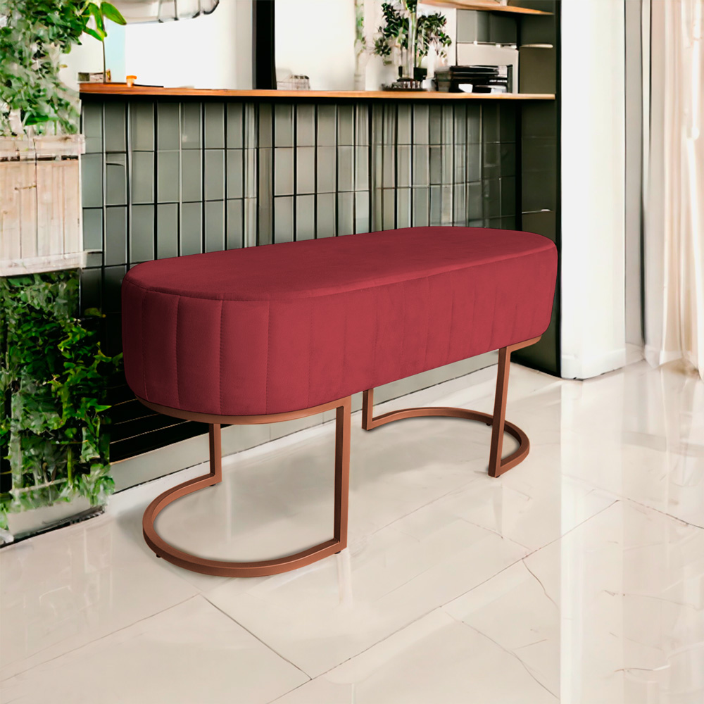 Banco Recamier Estofado Luana Base Bronze Veludo Vermelho - Montanaris Decor