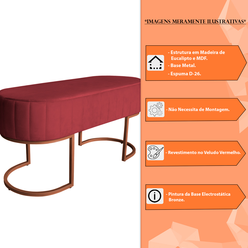 Banco Recamier Estofado Luana Base Bronze Veludo Vermelho - Montanaris Decor