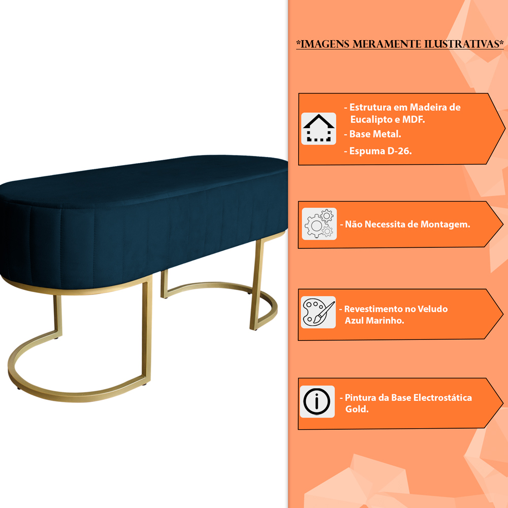 Banco Recamier Estofado Luana Base Gold Veludo Azul Marinho - Montanaris Decor