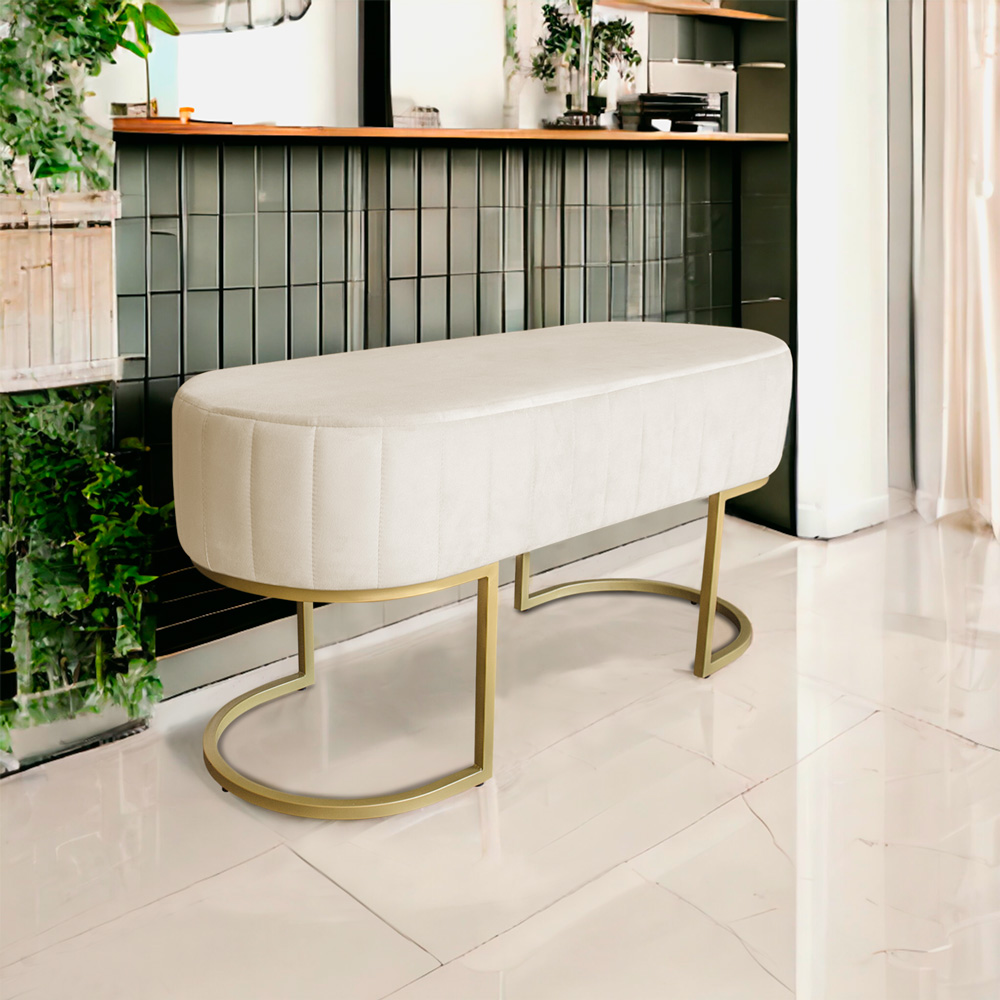 Banco Recamier Estofado Luana Base Gold Veludo Bege - Montanaris Decor