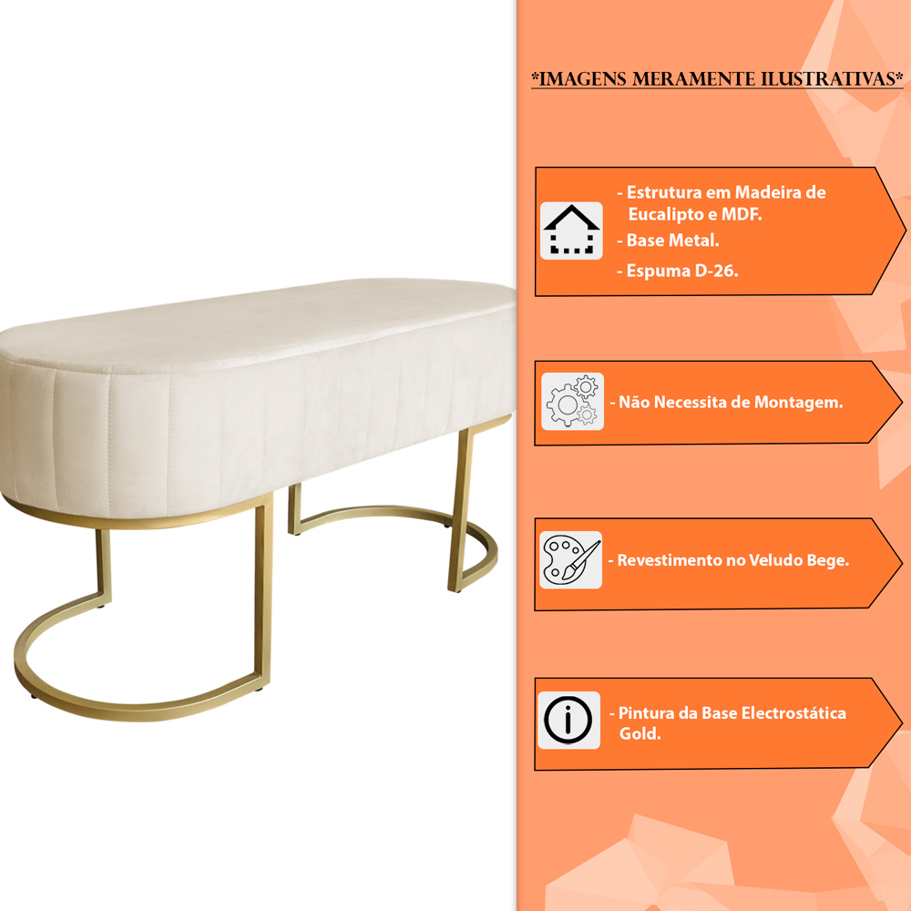Banco Recamier Estofado Luana Base Gold Veludo Bege - Montanaris Decor