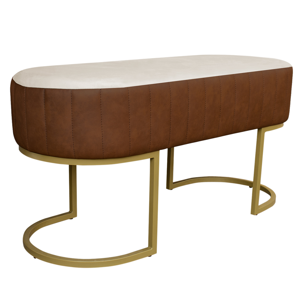Banco Recamier Estofado Luana Base Gold Veludo Bege/Pu Caramelo - Montanaris Decor
