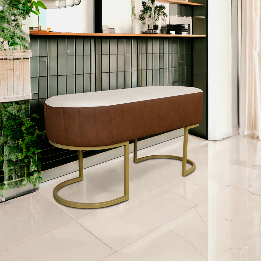 Banco Recamier Estofado Luana Base Gold Veludo Bege/Pu Caramelo - Montanaris Decor