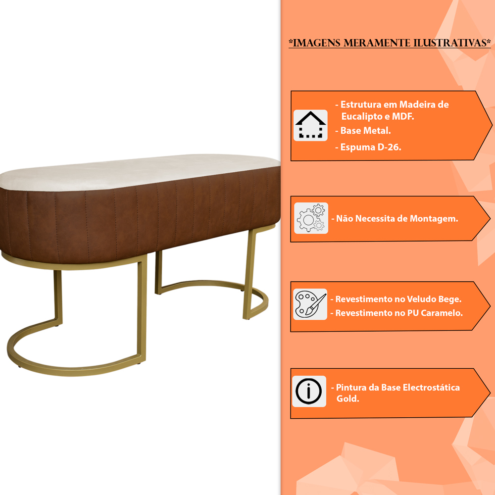 Banco Recamier Estofado Luana Base Gold Veludo Bege/Pu Caramelo - Montanaris Decor