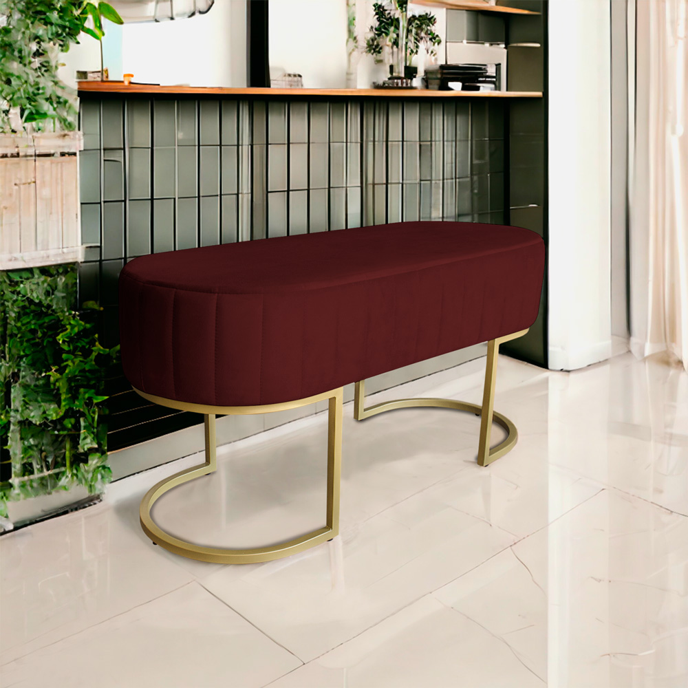 Banco Recamier Estofado Luana Base Gold Veludo Bordô - Montanaris Decor