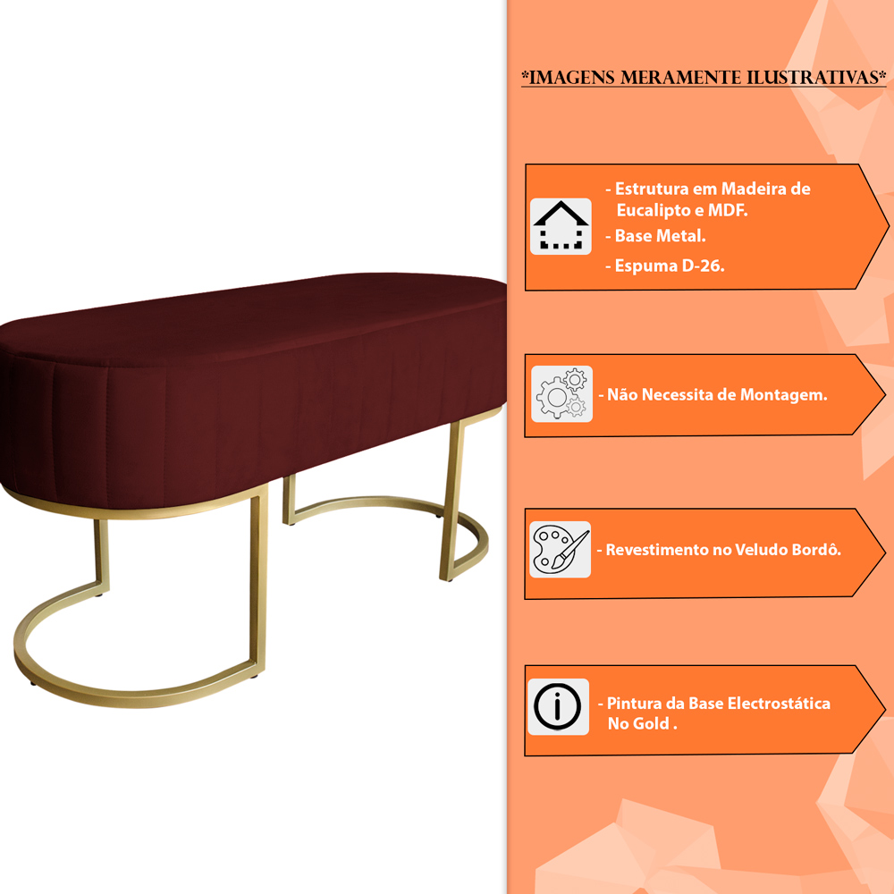 Banco Recamier Estofado Luana Base Gold Veludo Bordô - Montanaris Decor
