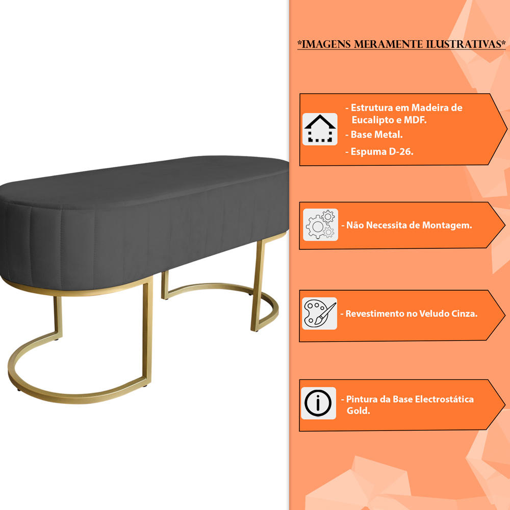 Banco Recamier Estofado Luana Base Gold Veludo Cinza - Montanaris Decor