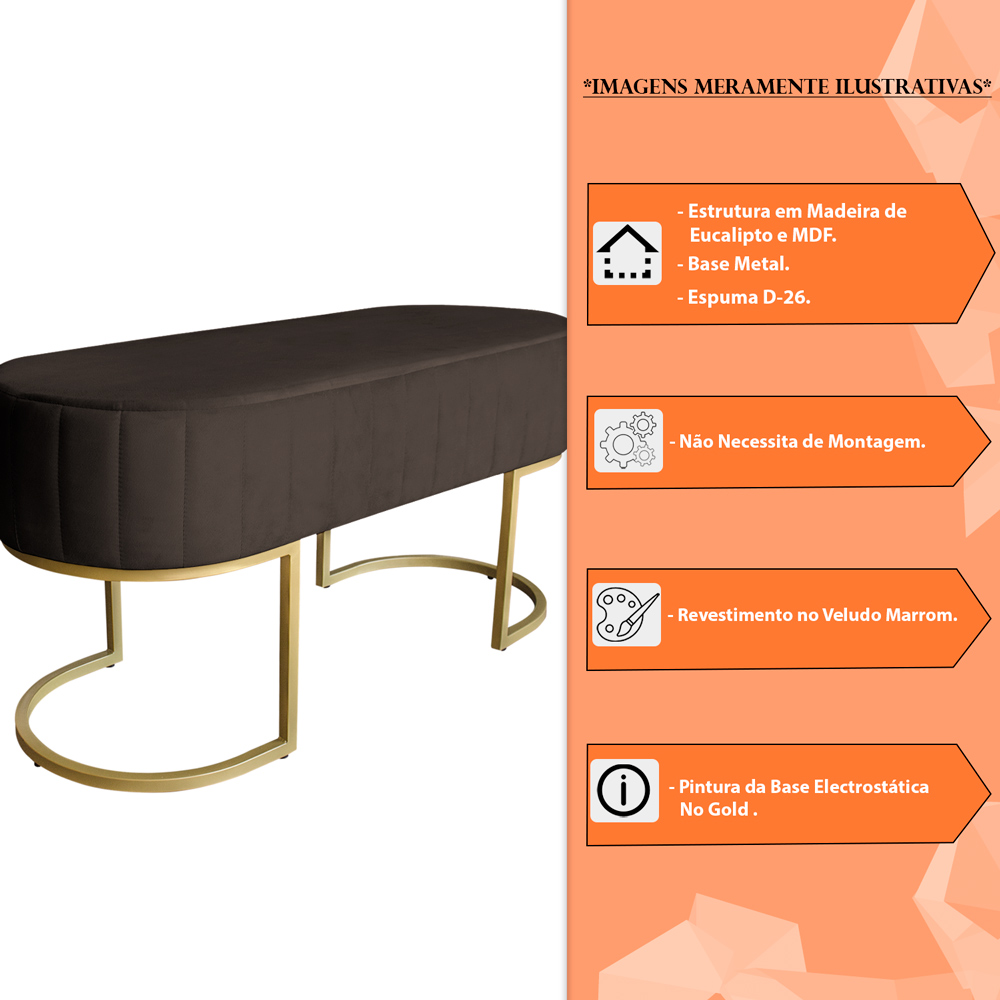 Banco Recamier Estofado Luana Base Gold Veludo Marrom - Montanaris Decor