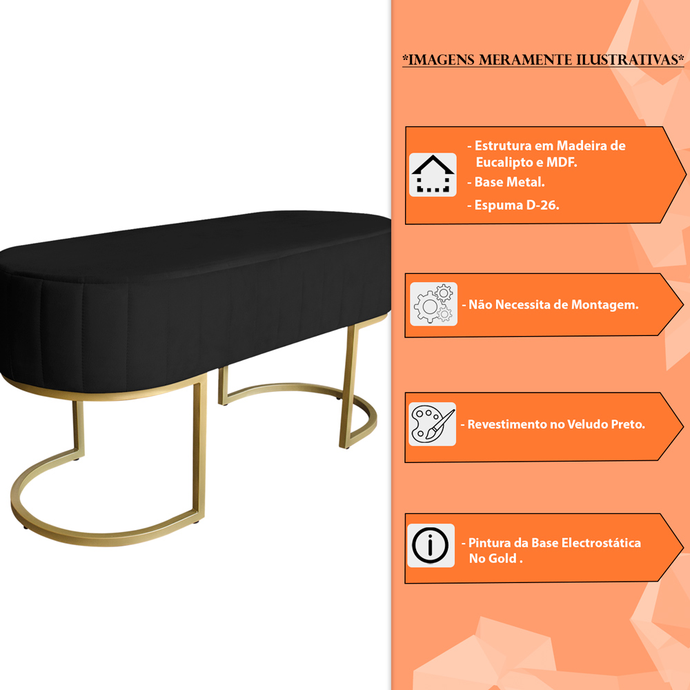 Banco Recamier Estofado Luana Base Gold Veludo Preto - Montanaris Decor