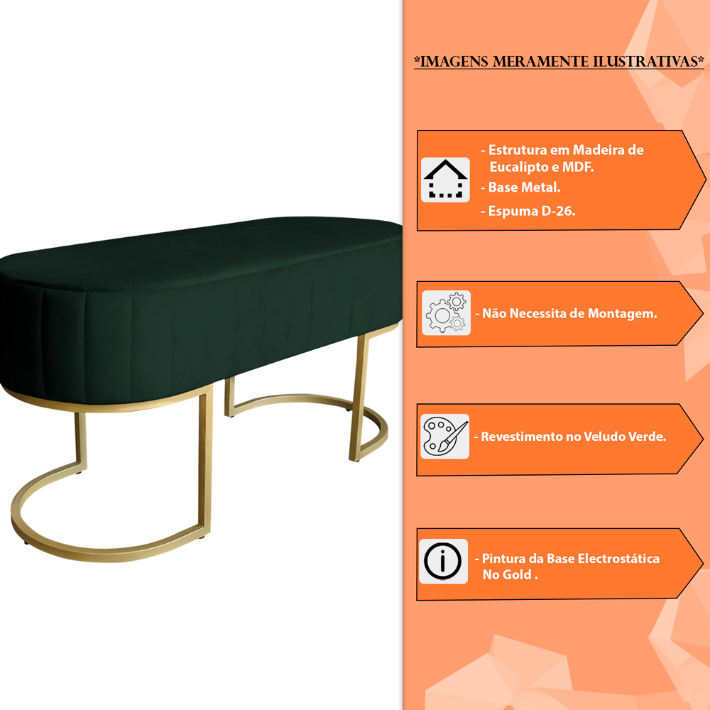 Banco Recamier Estofado Luana Base Gold Veludo Verde - Montanaris Decor