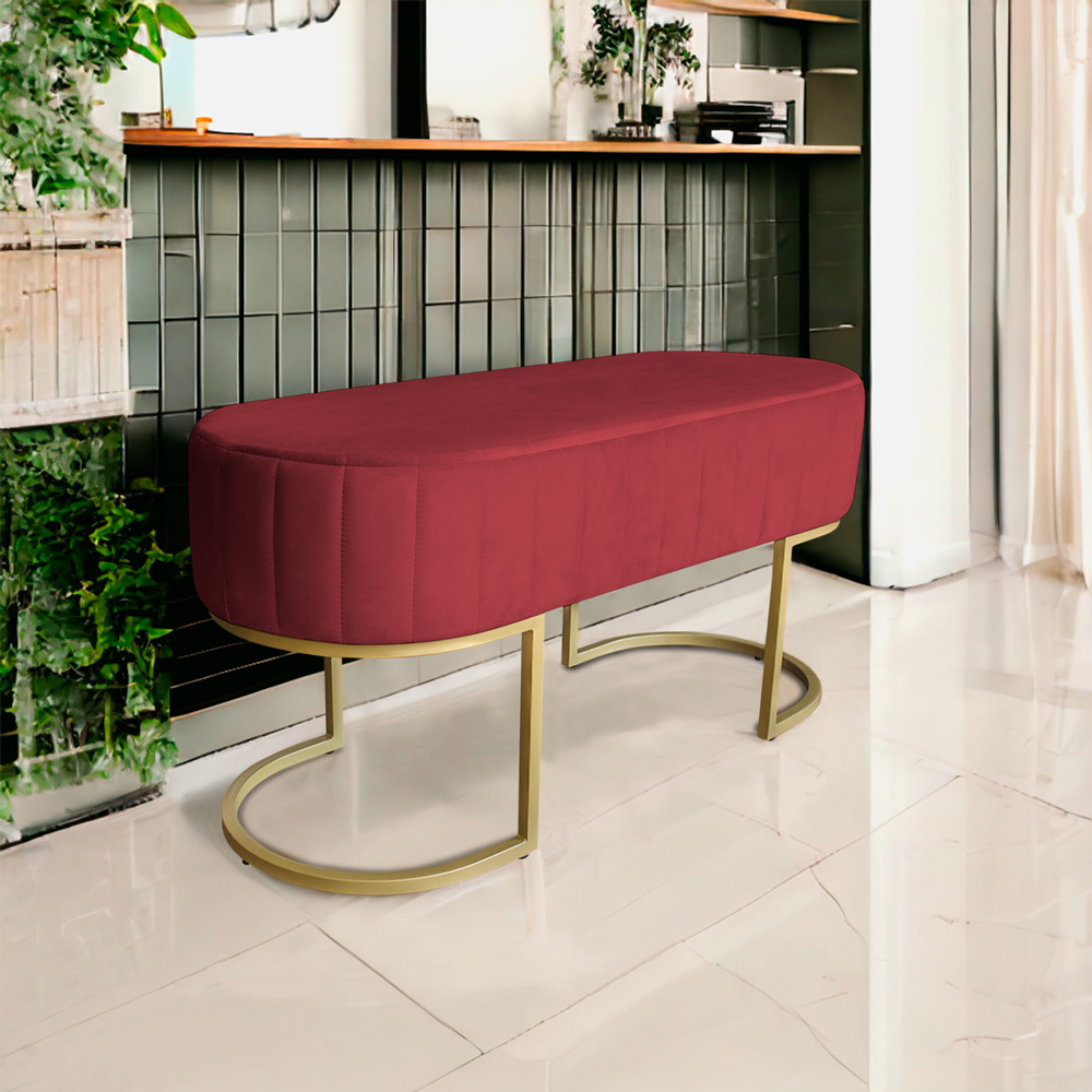 Banco Recamier Estofado Luana Base Gold Veludo Vermelho - Montanaris Decor