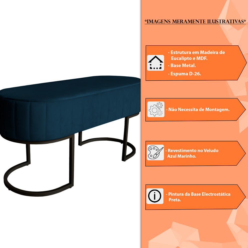 Banco Recamier Estofado Luana Base Preta Veludo Azul Marinho - Montanaris Decor