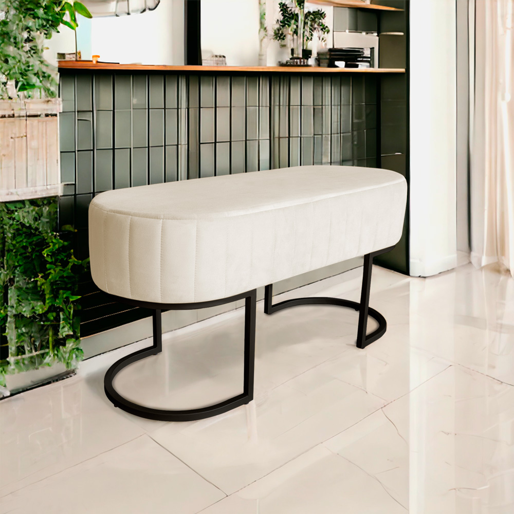 Banco Recamier Estofado Luana Base Preta Veludo Bege - Montanaris Decor