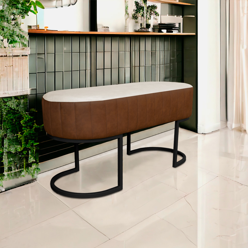 Banco Recamier Estofado Luana Base Preta Veludo Bege/Pu Caramelo - Montanaris Decor